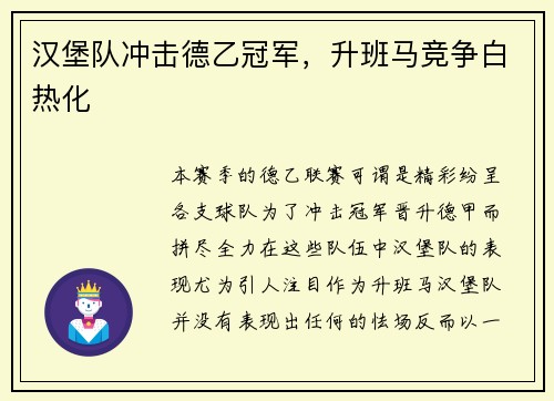 汉堡队冲击德乙冠军，升班马竞争白热化